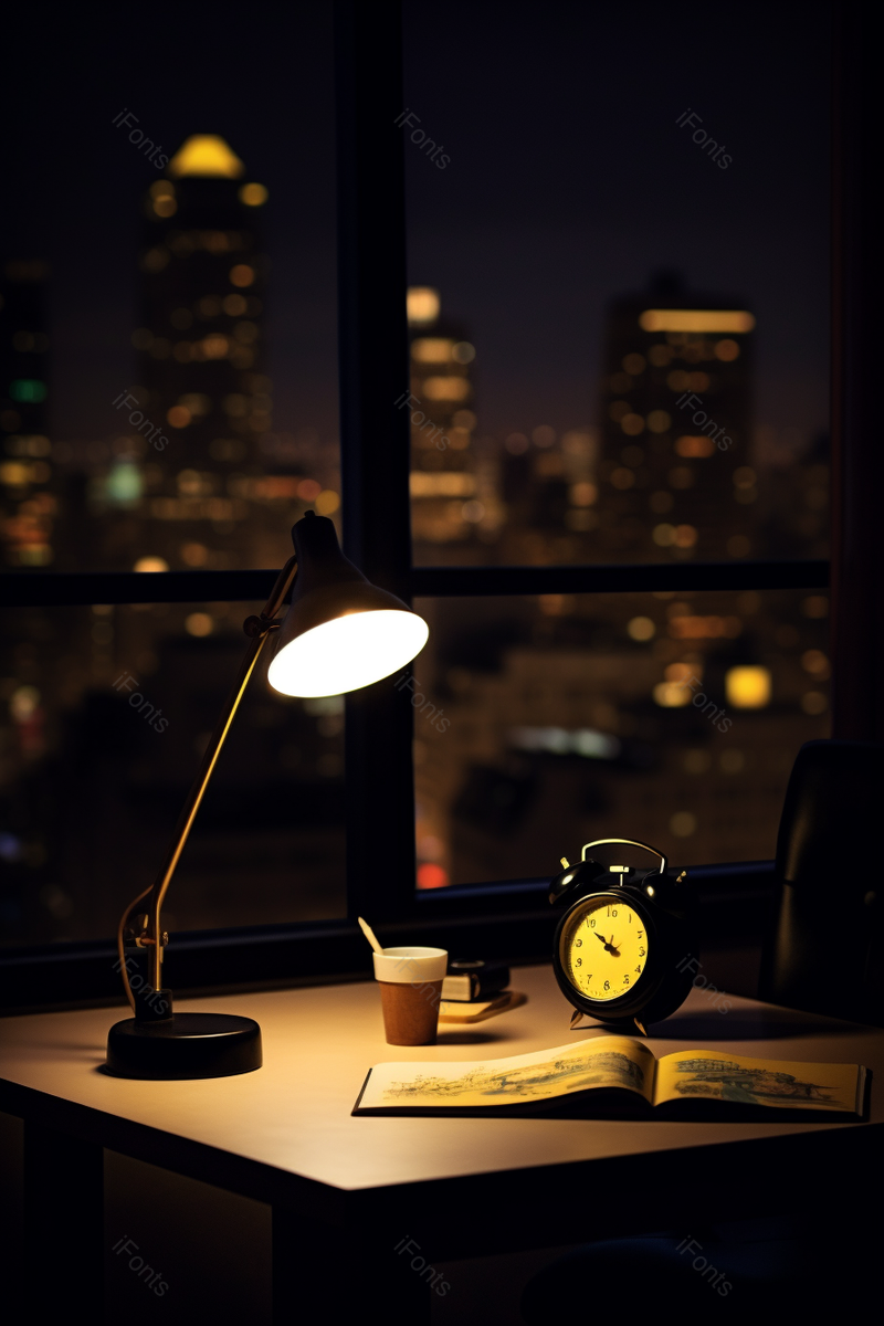 深夜的办公桌上有书籍闹钟打开的台灯和水杯,高清,摄影图,摄影图片,图片大全,摄影图免费下载